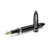 Black fountain pen with silver trim and gold-toned nib, cap posted beside the body on a white background
