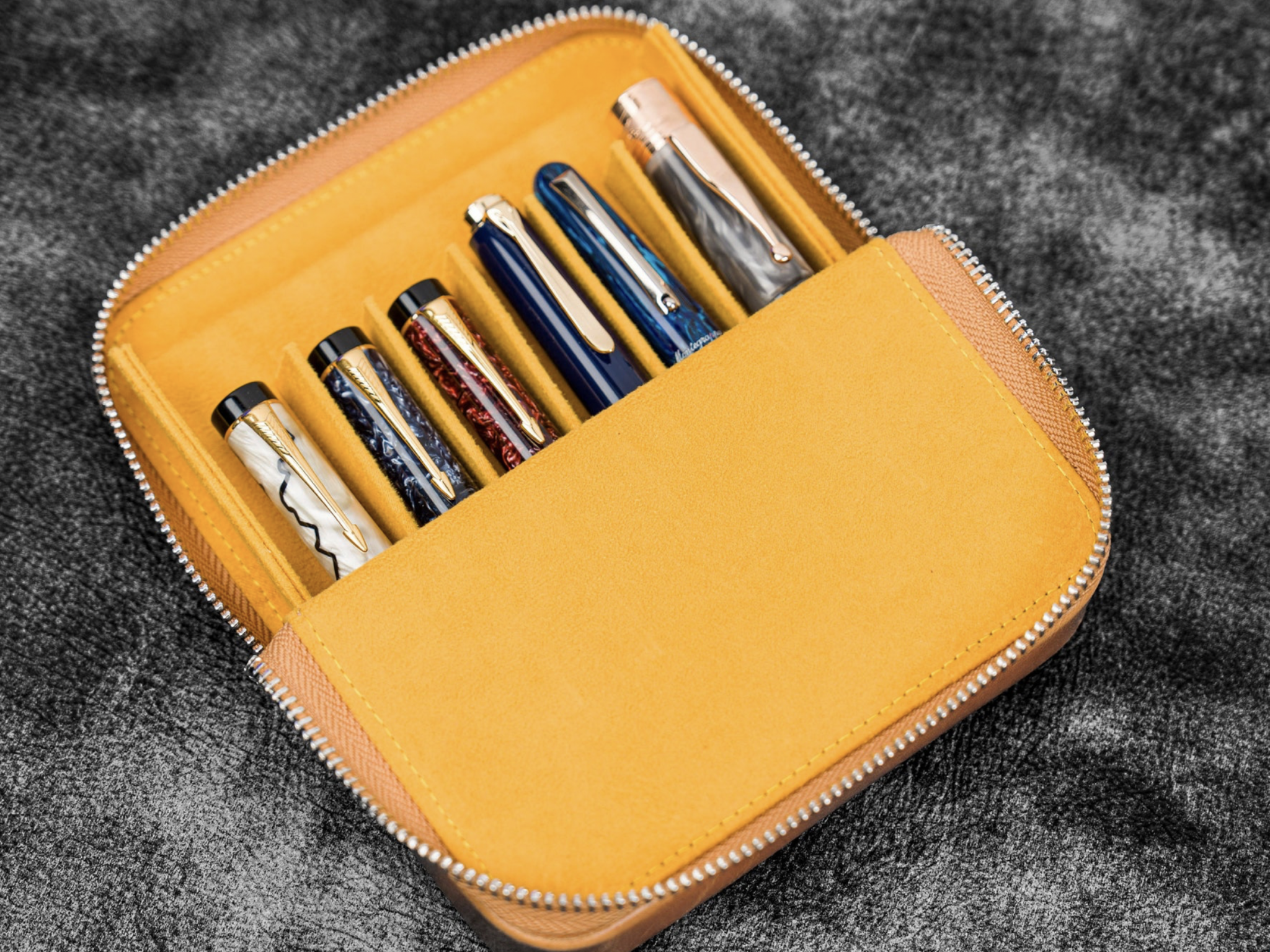 Navy Blue Leather Hard Pen Case with Removable 6 Slots Pen Tray